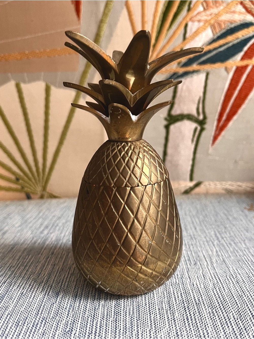 Vintage mid century solid brass small pineapple trinket box